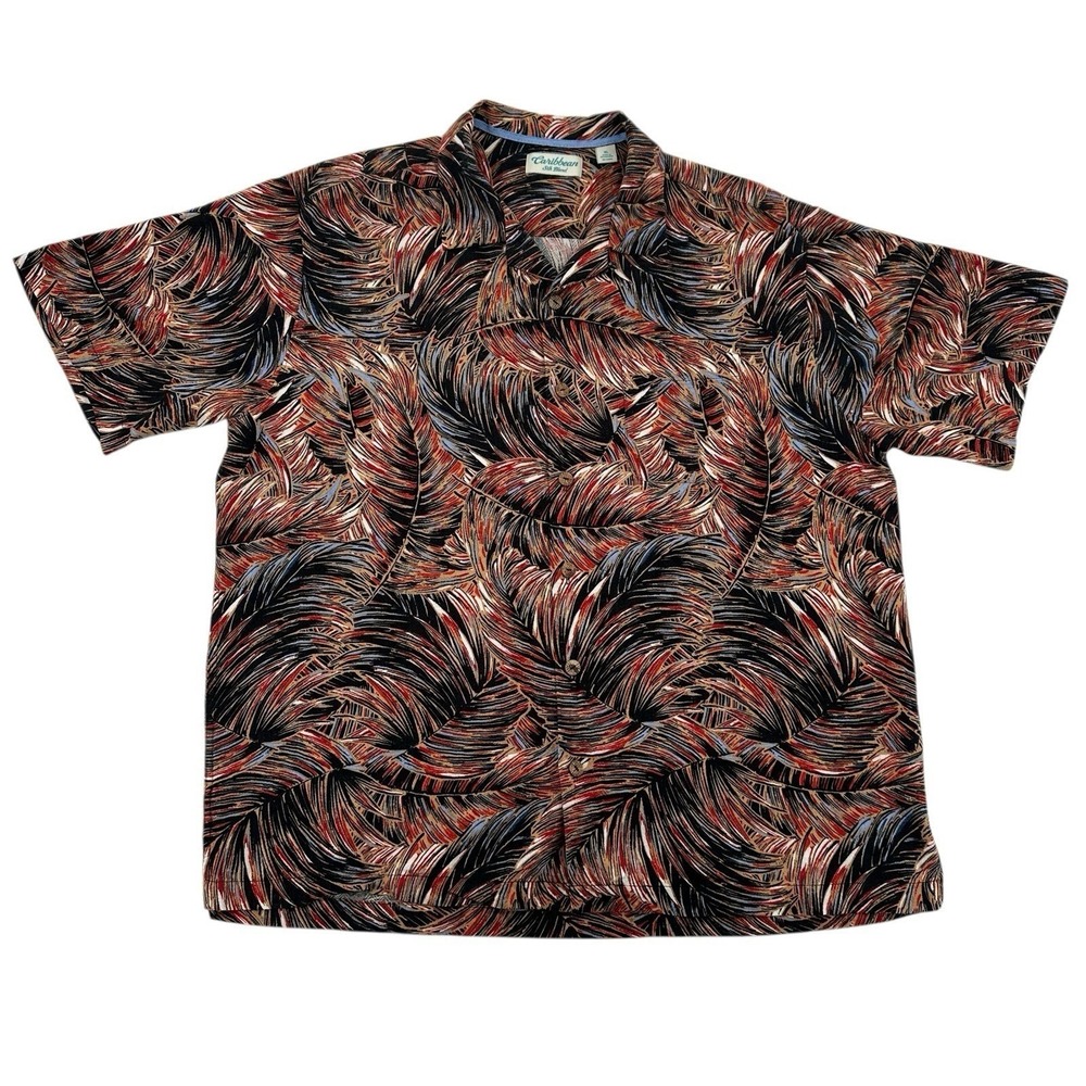 Caribbean Silk Blend Tropical Palm Leaf Button Down Camp Shirt Red Black Mens XL